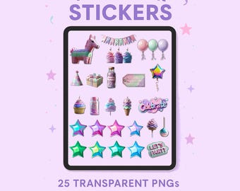 May include: A digital image showing a tablet with party-themed stickers, including a piñata, cupcakes, balloons, and stars. The image also features text that reads "PARTY PACK STICKERS" and "25 TRANSPARENT PNGs". Ideal for digital planners and scrapbooking.