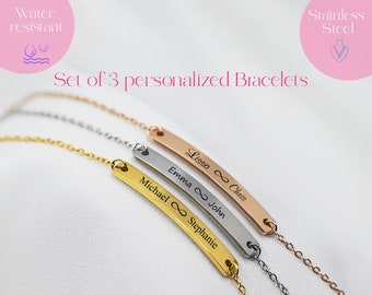 Set di 3 bracciali da bar Bracciale inciso per donna Gioielli incisi per la mamma Braccialetti da bar personalizzati Regalo per la festa della mamma Regali personalizzati