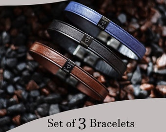 Set di 3 braccialetti Bracciale in pelle da uomo personalizzato Bracciale per papà Regalo per marito Braccialetti per la famiglia Braccialetti colorati personalizzati Regalo per la festa del papà