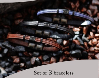 Set di 3 bracciali, Bracciali in pelle incisi, Bracciali per uomo, Bracciali personalizzati, Regali, Bracciali di coppia, Bracciali in pelle personalizzati