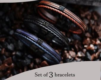 Set di 3 bracciali, Bracciali in pelle incisi, Bracciali per uomo, Bracciali personalizzati, Regali, Bracciali di coppia, Bracciali in pelle personalizzati