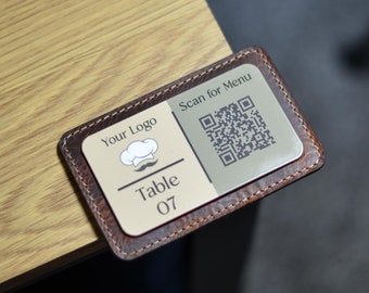 QR-Code-Menüschild, Scan, um Menü anzuzeigen, Holz- und Ledertischmenü, Restauranttischmenü, Restaurantacrylmenü, QR-Code-Menü