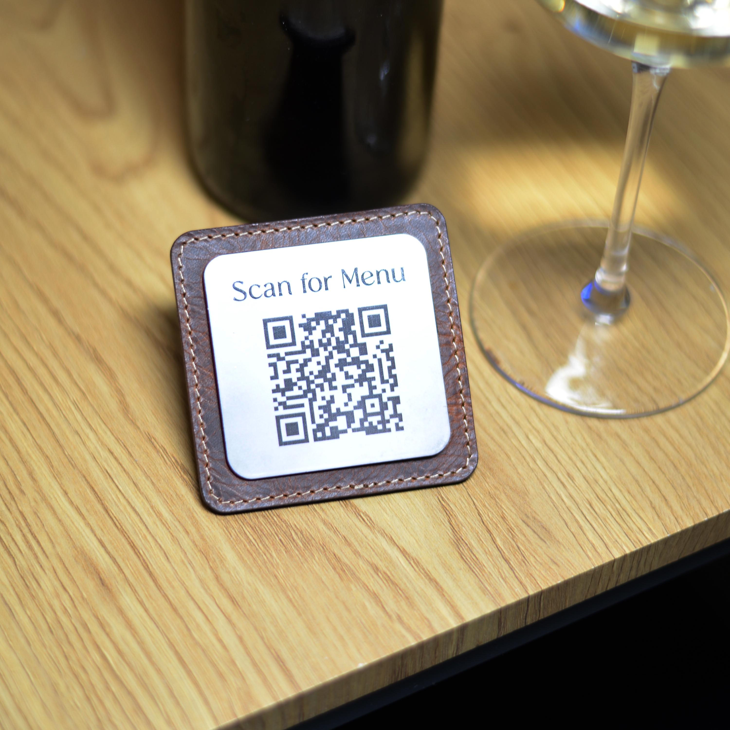 Scan For Menu Table Sign QR Code Menu Sign, Scan to View Menu, Wooden and Leather Table Menu ...