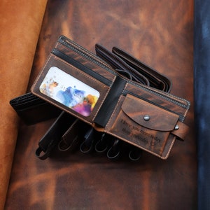 Leder Bifold Brieftasche, personalisierte, individuell gravierte Brieftasche, für Freund, Vatertagsgeschenk, kundenspezifische Herrenbrieftasche, pflanzlich gegerbtes Leder