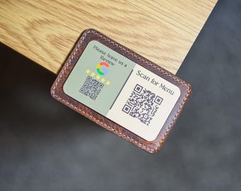 QR-Code-Menüschild, Scan, um Menü anzuzeigen, Holz- und Ledertischmenü, Restauranttischmenü, Restaurantacrylmenü, QR-Code-Menü