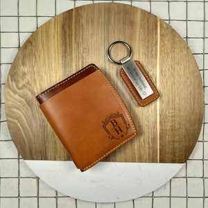 Juego de regalo de alta calidad: billetera y llavero de cuero: regalo personalizado para hombres, billetera delgada hecha a mano para él, perfecta para el Día del Padre