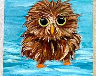 Small Owl Oil Painting: Semi-Abstract Bird Art, Wildlife Home Decor
