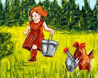 Girl with Chicken Oil Painting: Farmhouse Kids Room Decor, 8x8 Original Art