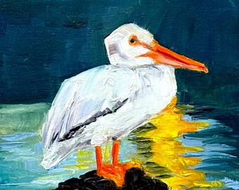 ペリカンの絵画：インパスト油絵の鳥のアートワーク、6x6インチ - Etsy
