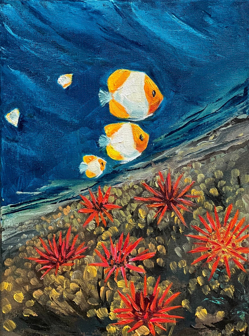 Blue Water Painting on Canvas Fish Oil Painting Underwater Art Sea Life