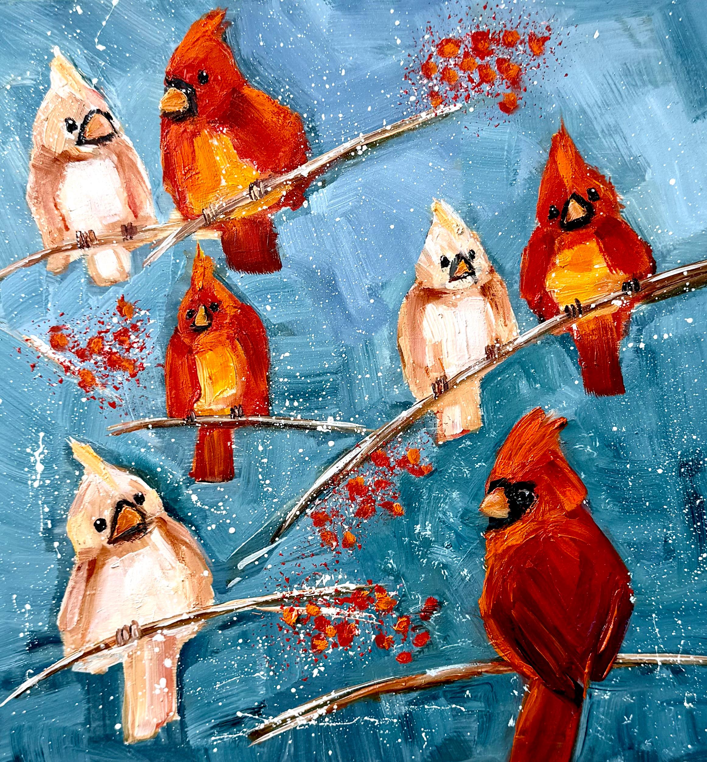 カーディナルバードの油絵：手作りの野生動物の壁アート、10x10