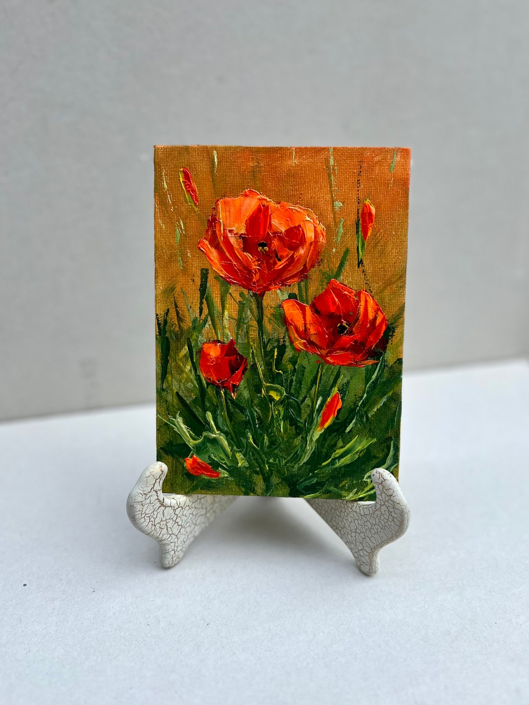 Red Poppy Flower Oil Painting Sunset Floral Original Art Textured Wall ...