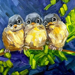Baby Bird Oil Painting: Small Animal Artwork, Wildlife Home Decor