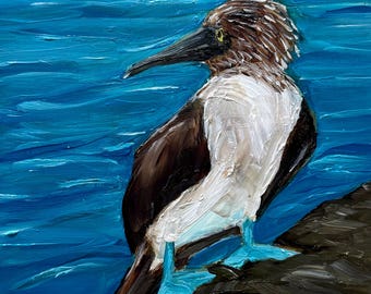 Fou à pieds bleus, peinture à l'huile : oeuvre d'art murale d'oiseau, décoration d'intérieur, oeuvre d'art faite main