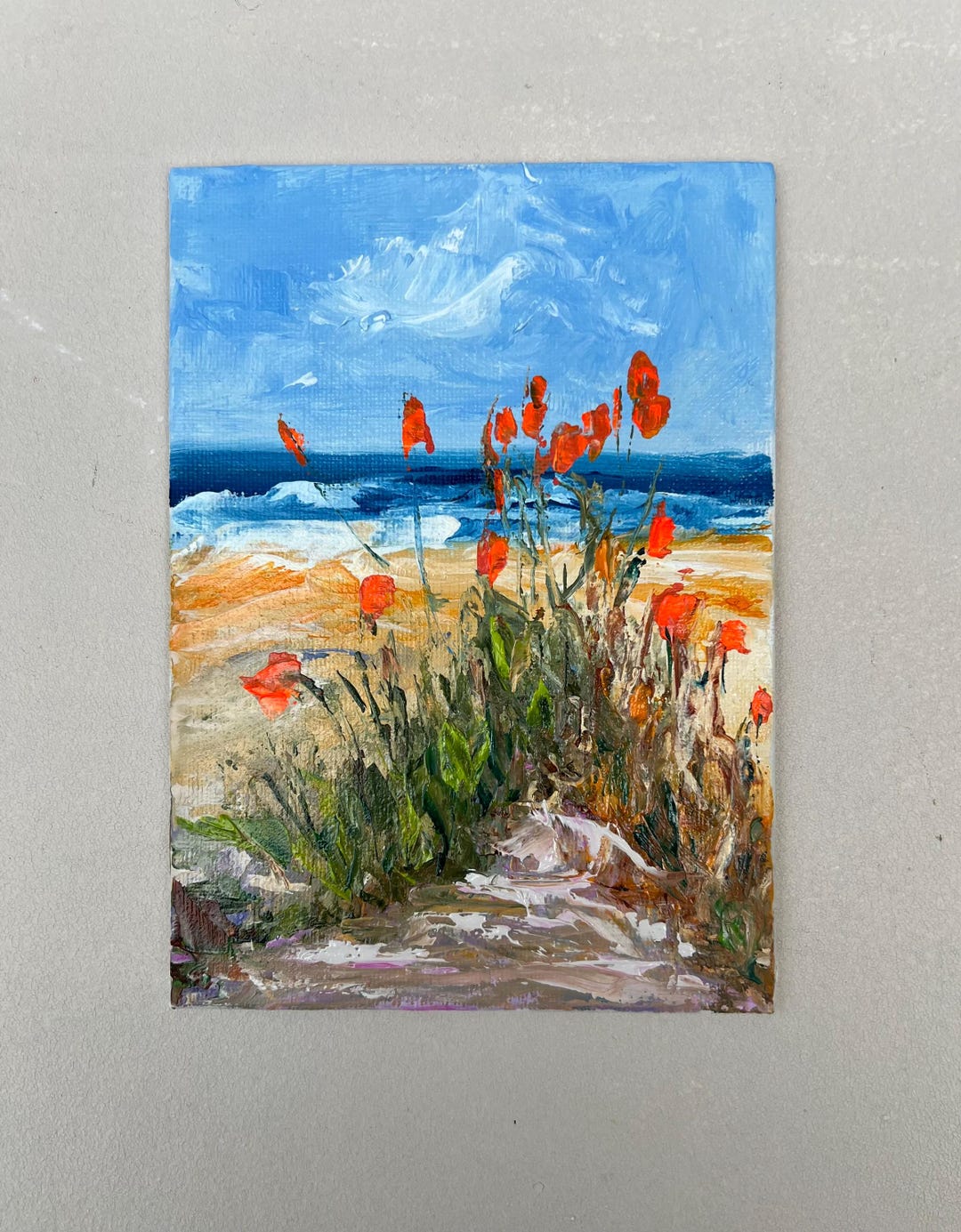 Seascape Original Art Beach Oil Painting Flowers Impasto Artwork ...