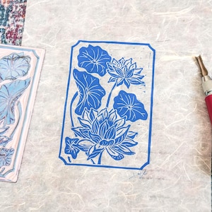Lotus Flower Linocut Print | Blue Ink Botanical Art Block Print on Handmade Mulberry Paper