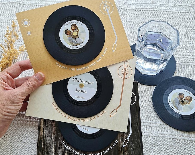 Personalized Retro Vinyl Coasters: Custom Wedding & Party Favors