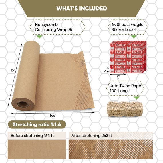 15x2000 Honeycomb Packing Paper for Moving Breakables, Shipping. Eco  Friendly Bubble Cushioning Wrap, 48 Fragile Stickers, Jute Twine. 