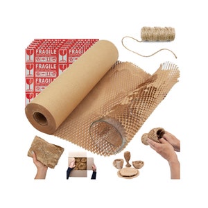 15”x2000&quot; Honeycomb Packing Paper for Moving Breakables, Shipping. Eco Friendly Bubble Cushioning Wrap, 48 Fragile Stickers, Jute Twine.