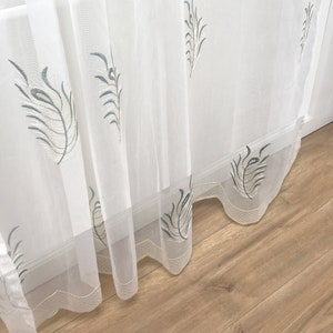 Handgefertigte Feder Zen Tropical schiere Vorhang Panels SET 2 Boho Vintage Floral Blatt Stickerei Weiß Grün 84 95 Wohnzimmer Schlafzimmer Spa Bild 3