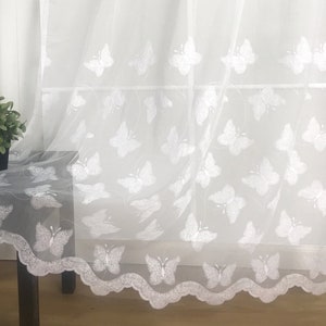 Set of 2 - Handmade Dainty Butterfly Mariposa White Sheer Rod Pocket Curtain Panels European Embroidery Girl's Bedroom Nursery Baby