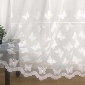 Set of 2 - Handmade Dainty Butterfly Mariposa White Sheer Rod Pocket Curtain Panels European Embroidery Girl&#39;s Bedroom Nursery Baby