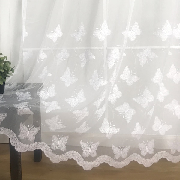 Set of 2 - Handmade Dainty Butterfly Mariposa White Sheer Rod Pocket Curtain Panels European Embroidery Girl's Bedroom Nursery Baby