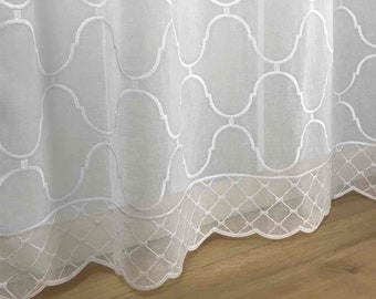 Geometric Sheer Curtain Panels (SET OF 2) Grommet | Rod Pocket European Embroidery White Beige 84" 95" for Living Room, Bedroom, and Home