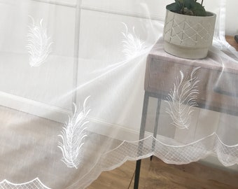Handmade Feather Zen Tropical Sheer Curtain Panels SET OF 2 Boho Vintage Floral Leaf Embroidery White Green 84" 95" Living Room Bedroom Spa