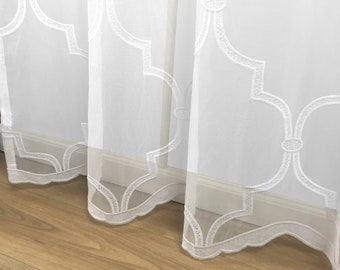 Trellis Sheer Grommet Curtain Panels (SET OF 2) White Beige Lattice Trefoil Embroidery Vintage Boho 84" 95" Living Room, Bedroom, and Home