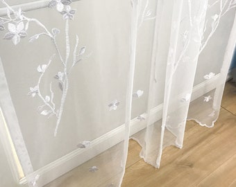 Floral Tree Sheer Rod Pocket Boho Embroidery Curtain Panels (Set of 2) - European Vintage White Beige 84" 95" for Living Room & Bedroom