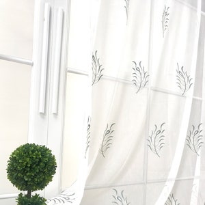 Handmade Feather Zen Tropical Sheer Curtain Panels SET OF 2 Boho Vintage Floral Leaf Embroidery White Green 84 95 Living Room Bedroom Spa Teal - Rod Pocket