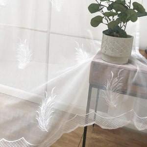 Handmade Feather Zen Tropical Sheer Curtain Panels SET OF 2 Boho Vintage Floral Leaf Embroidery White Green 84 95 Living Room Bedroom Spa image 1