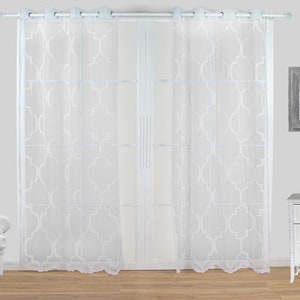 Trellis Sheer Grommet Curtain Panels SET OF 2 White Beige Lattice Trefoil Embroidery Vintage Boho 84 95 Living Room, Bedroom, and Home image 2