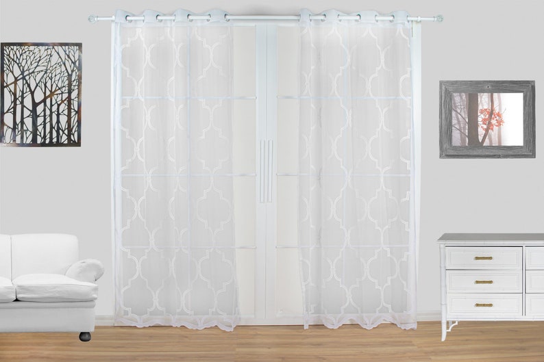 Trellis Sheer Grommet Curtain Panels SET OF 2 White Beige Lattice Trefoil Embroidery Vintage Boho 84 95 Living Room, Bedroom, and Home image 2