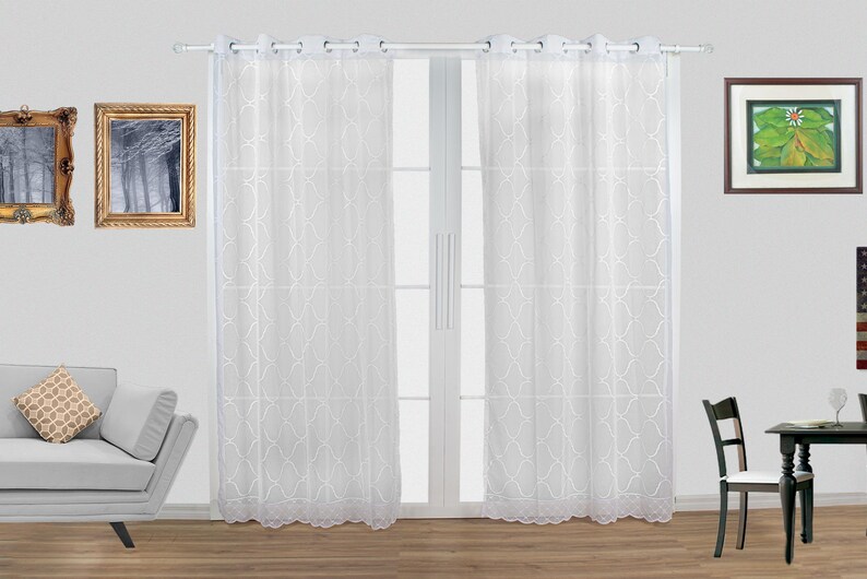 Geometric Sheer Curtain Panels SET OF 2 Grommet Rod Pocket European Embroidery White Beige 84 95 for Living Room, Bedroom, and Home image 2