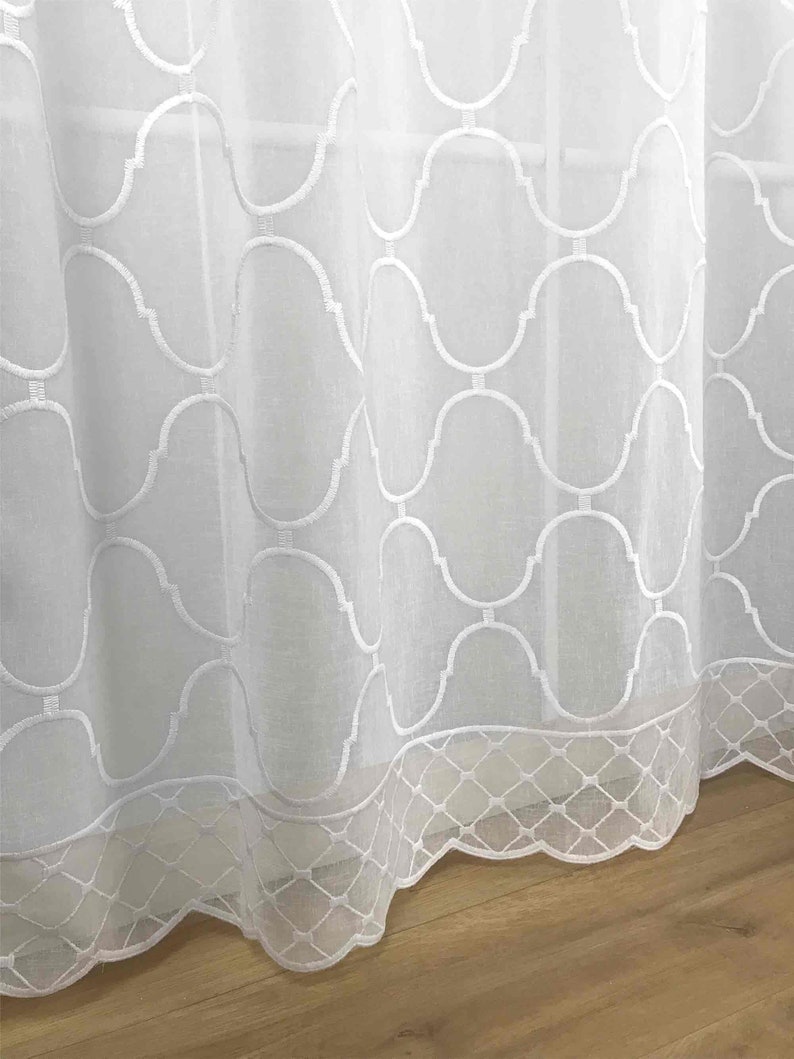 Geometric Sheer Curtain Panels SET OF 2 Grommet Rod Pocket European Embroidery White Beige 84 95 for Living Room, Bedroom, and Home White