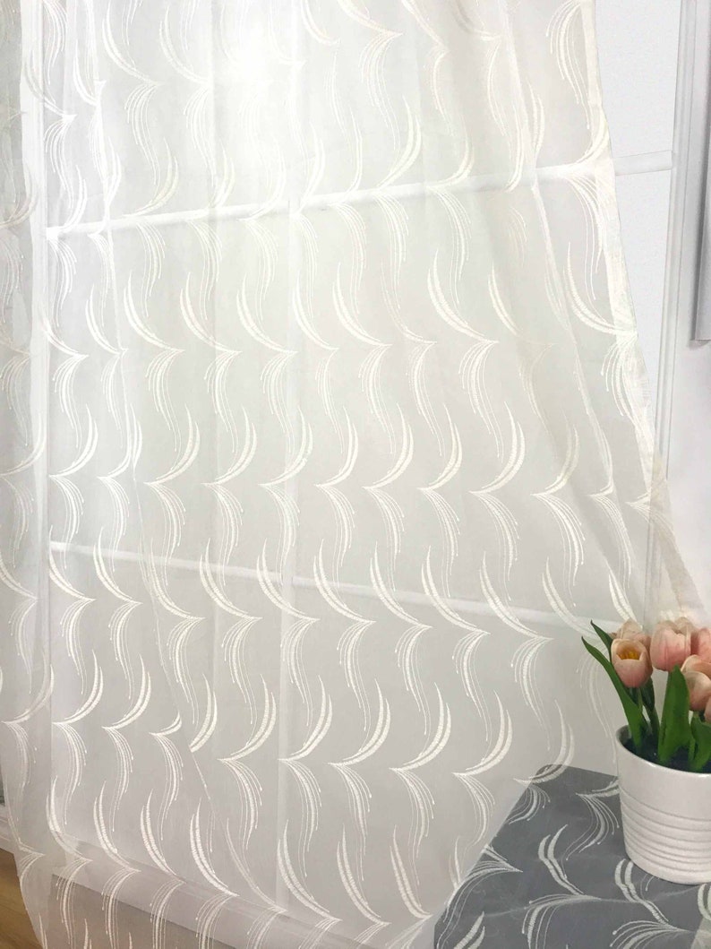 A Pair of Sheer Curtains Set of 2 Grommet Panels European Abstract Weave Pattern Embroidered White and Beige 52 Wide, 84 and 95 Long image 10