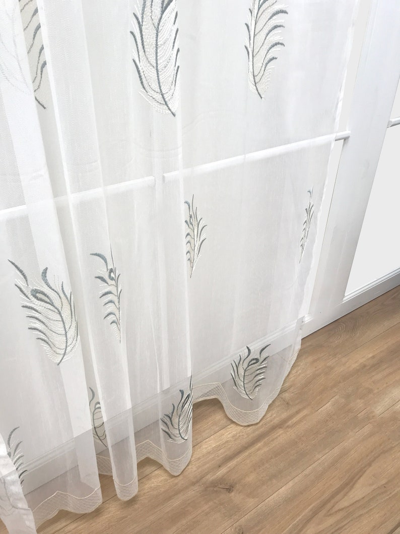 Handmade Feather Zen Tropical Sheer Curtain Panels SET OF 2 Boho Vintage Floral Leaf Embroidery White Green 84 95 Living Room Bedroom Spa image 3