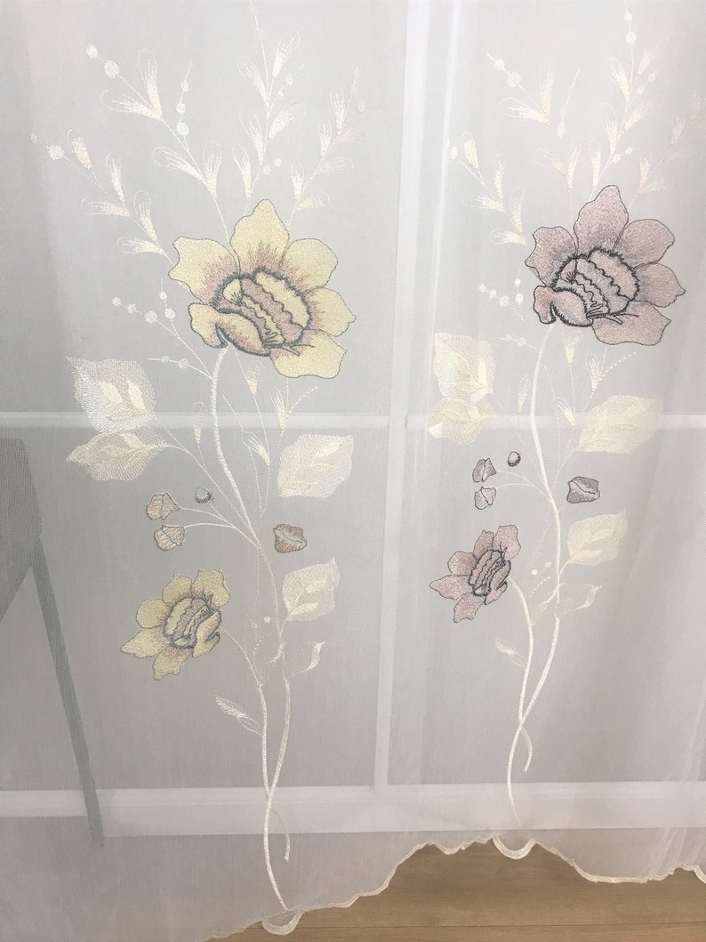 Peony Rose Flower Sheer Rod Pocket Curtain Panels SET OF 2 European Floral Embroidery 84 & 95 for Girl Bedroom Living Nursery Baby Room image 1