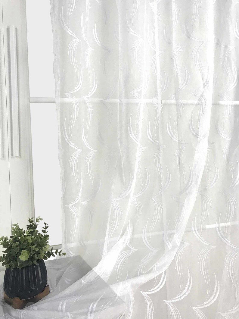 A Pair of Sheer Curtains Set of 2 Grommet Panels European Abstract Weave Pattern Embroidered White and Beige 52 Wide, 84 and 95 Long image 5
