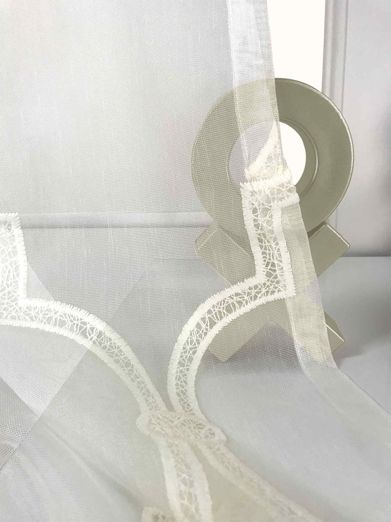 Trellis Sheer Grommet Curtain Panels SET OF 2 White Beige Lattice Trefoil Embroidery Vintage Boho 84 95 Living Room, Bedroom, and Home image 9