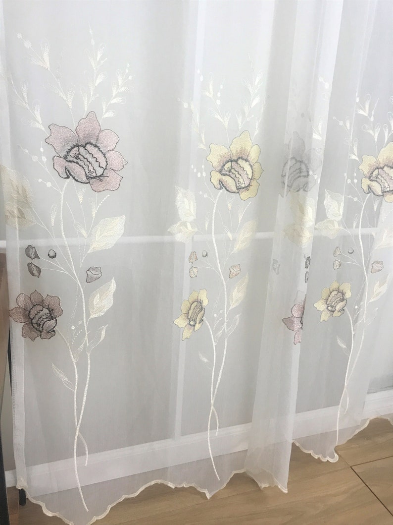 Peony Rose Flower Sheer Rod Pocket Curtain Panels SET OF 2 European Floral Embroidery 84 & 95 for Girl Bedroom Living Nursery Baby Room image 4