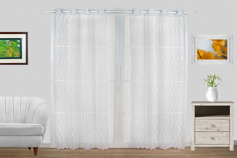 A Pair of Sheer Curtains Set of 2 Grommet Panels European Abstract Weave Pattern Embroidered White and Beige 52 Wide, 84 and 95 Long image 2