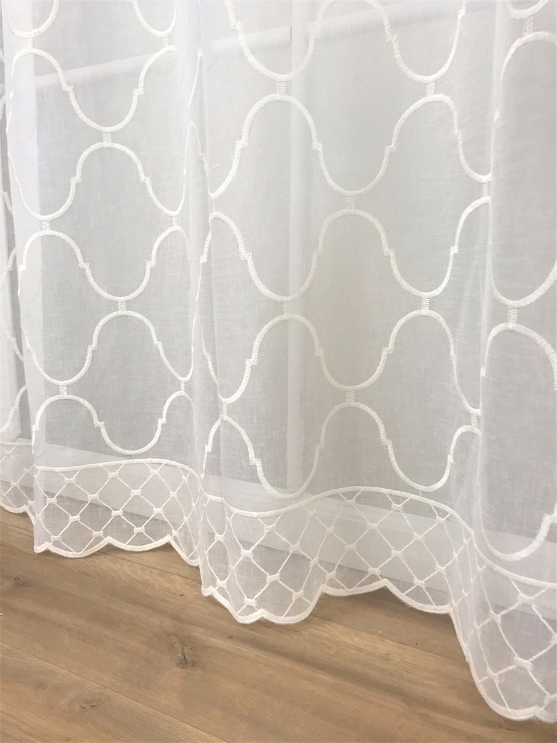 Geometric Sheer Curtain Panels SET OF 2 Grommet Rod Pocket European Embroidery White Beige 84 95 for Living Room, Bedroom, and Home Beige