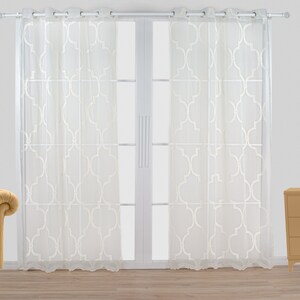 Trellis Sheer Grommet Curtain Panels SET OF 2 White Beige Lattice Trefoil Embroidery Vintage Boho 84 95 Living Room, Bedroom, and Home image 7