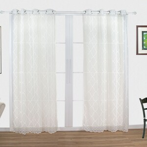 Geometric Sheer Curtain Panels SET OF 2 Grommet Rod Pocket European Embroidery White Beige 84 95 for Living Room, Bedroom, and Home image 7