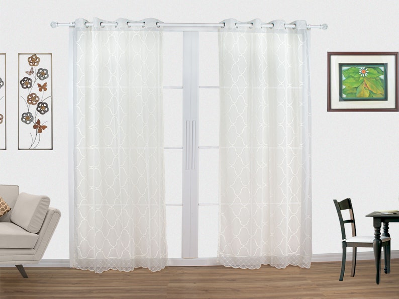 Geometric Sheer Curtain Panels SET OF 2 Grommet Rod Pocket European Embroidery White Beige 84 95 for Living Room, Bedroom, and Home image 7