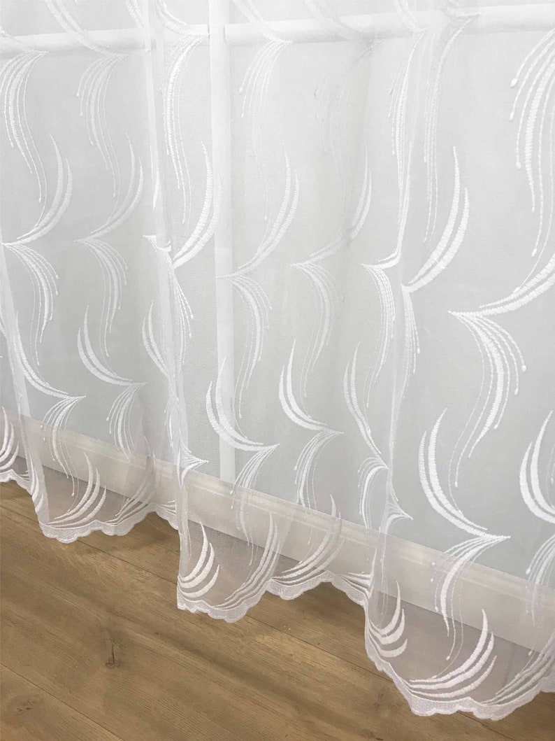 A Pair of Sheer Curtains Set of 2 Grommet Panels European Abstract Weave Pattern Embroidered White and Beige 52 Wide, 84 and 95 Long White