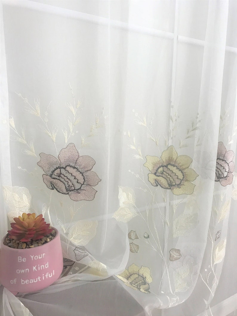 Peony Rose Flower Sheer Rod Pocket Curtain Panels SET OF 2 European Floral Embroidery 84 & 95 for Girl Bedroom Living Nursery Baby Room image 6